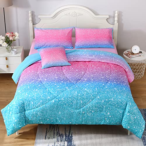 JQinHome JQinHome Glitter Comforter Set Twin Size6 Piece Bed in A Bag 3D Colorful Duvet Pink Blue Bedding Sets for Girls Kids  1 Comforter2 Pillowcases 1 Flat Sheet 1 Fitted Sheet 1 Cushion Cover 