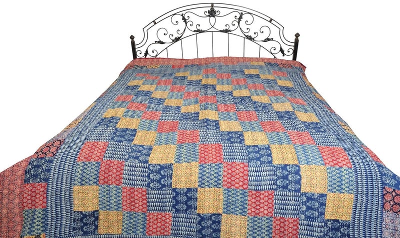 EXOTIC INDIA Exotic India Multicolored Floral Printed Bedcover from Jodhpur with Patchwork AllOver and Kantha S Color True Navy Color  - Image 1