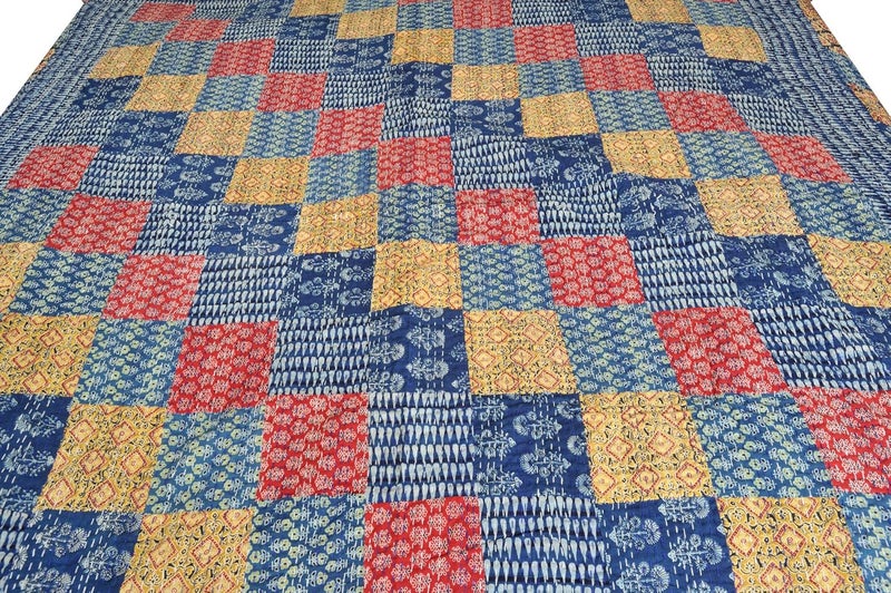 EXOTIC INDIA Exotic India Multicolored Floral Printed Bedcover from Jodhpur with Patchwork AllOver and Kantha S Color True Navy Color  - Image 2