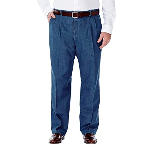 Haggar Men's Work To Weekend No Iron Denim Flat Front & Pleat Pant - Regular and Big & Tall Sizes , Light Stone 01, 44Wx 34L - Image 1