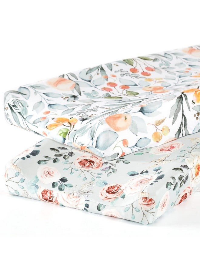 GRSSDER مجموعة أغطية وسادة تغيير جيرسي ناعمة للغاية من GRSSDER، 2 عبوة، تناسب أغطية وسادة طاولة التغيير بحجم 32"/34" × 16"، آمنة ومريحة، زهور وفواكه مائية أنيقة للبنات - Image 1