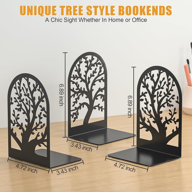 VFINE Bookends 3 Pairs, Decorative Book End, Bookends for Shelves, Book Ends for Shelves, Book Stopper Book Ends to Hold Books, Book Stopper, Unique Black Metal Tree Book Ends for Home School Office - Image 3