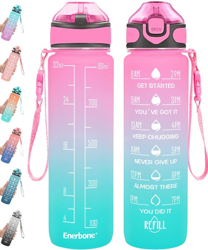 32 OZ DRINKING WATER BOTTLE WITH TIMES TO DRINK AND STRAW MOTIVATIONAL WITH CARRYING STRAP LEAKPROOF BPA TOXIC FREE ENSURE YOU DRINK ENOUGH WATER FOR FITNESS GYM OUTDOOR