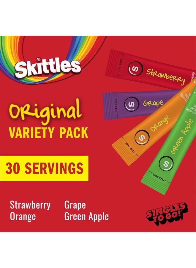 SINGLES TO GO! Skittles Singles To Go Variety Pack, Powdered Drink Mix, Zero Sugar, Low Calorie, Includes 4 Flavors: Green Apple, Strawberry, Grape, Orange, 1 Box (30 Single Servings) - Image 2
