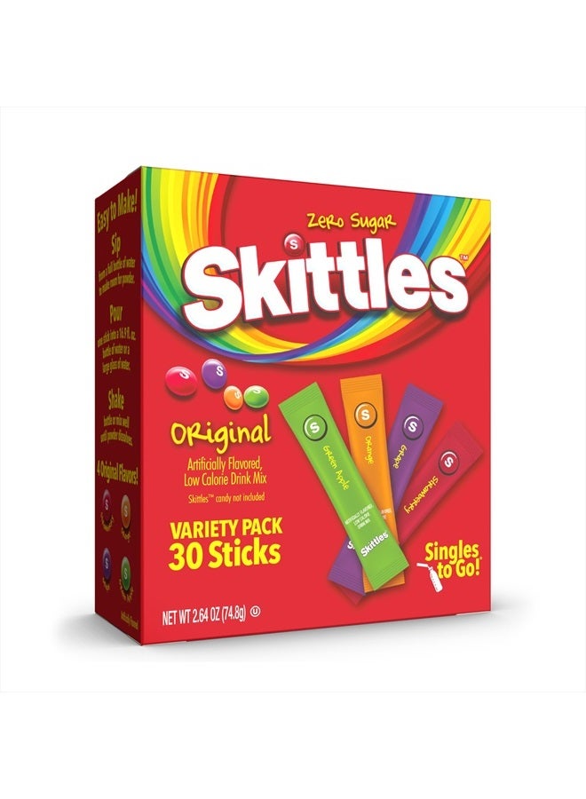 SINGLES TO GO! Skittles Singles To Go Variety Pack, Powdered Drink Mix, Zero Sugar, Low Calorie, Includes 4 Flavors: Green Apple, Strawberry, Grape, Orange, 1 Box (30 Single Servings) - Image 1