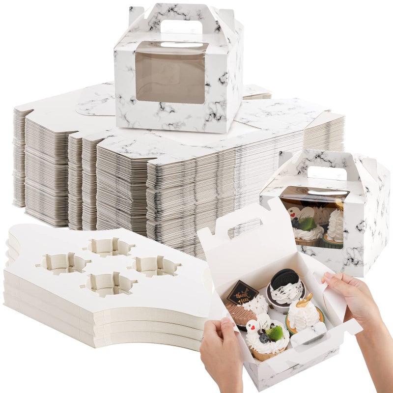 ZEAYEA 40 Pack Cupcake Boxes with Window and Handle 4 Cavity Paper Cupcake Holder Carrier Portable Pastry Containers Muffins Carriers for Bakery Wrapping Party Favor Packing