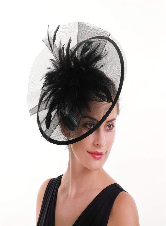 SAFERIN Fascinator for Women Hair Clip Hat Bowler Feather Flower Veil Wedding Party Tea Hat, C-beige, M - Image 4