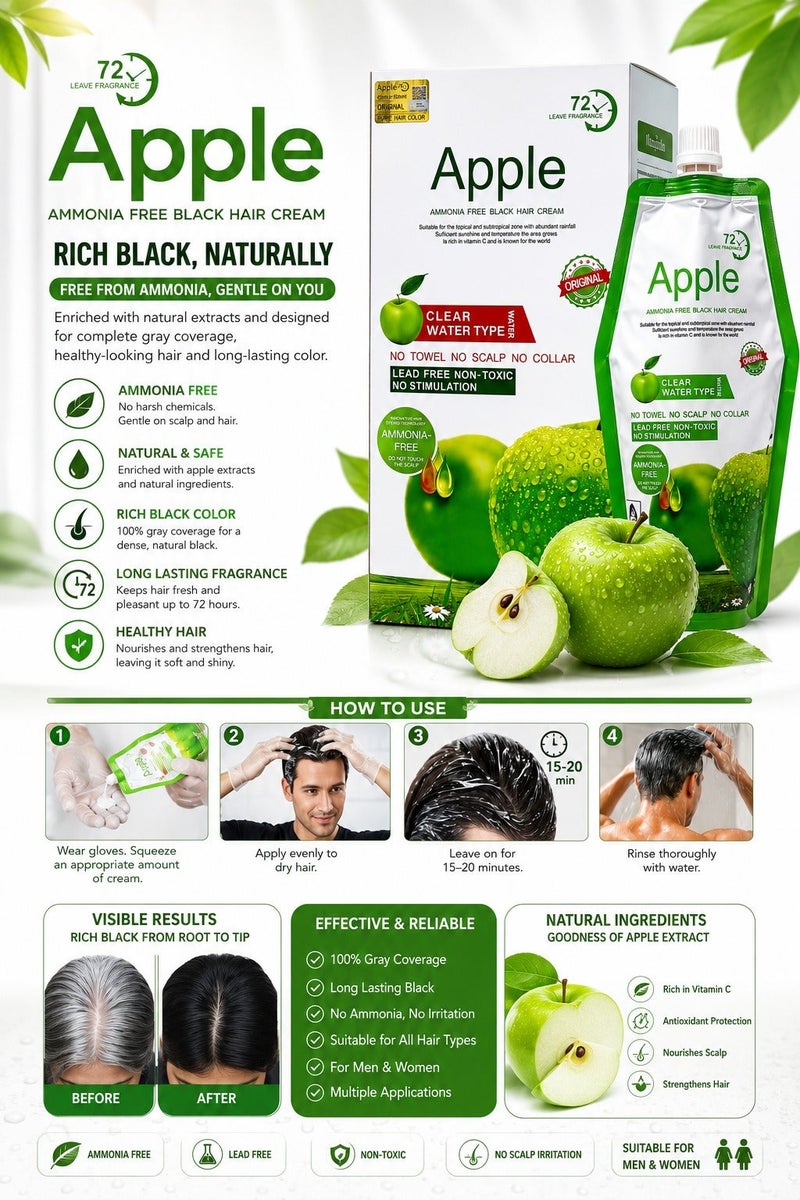 Apple Fruit Black Hair Cream Natural Black Hair Dye - 500ml+500ml - Image 2