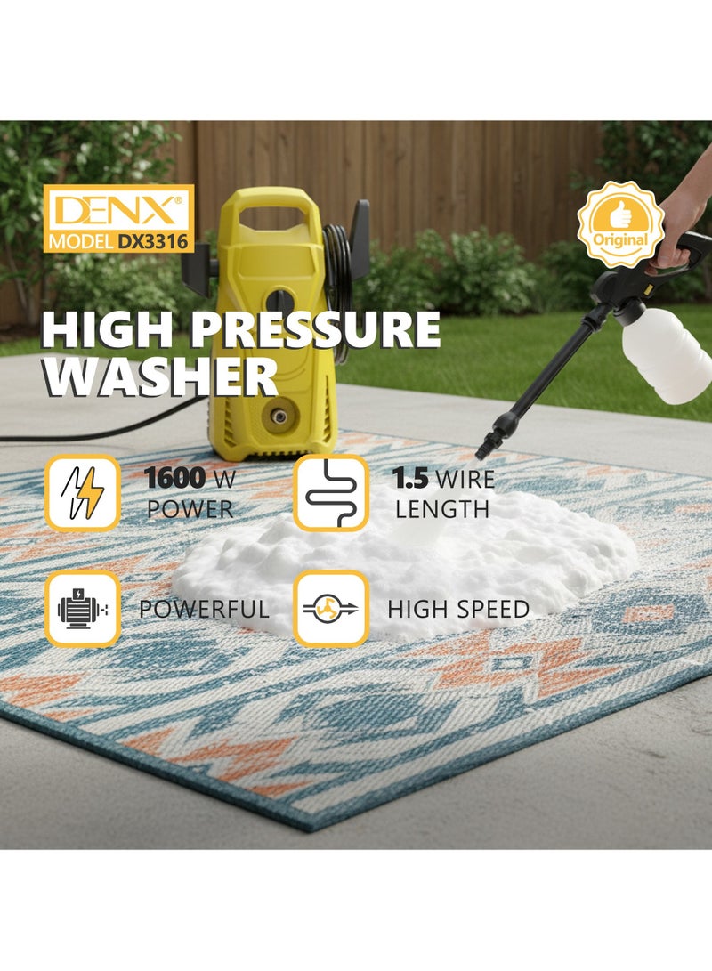 Denx Heavy-duty portable electric pressure washer. 1600W pressure washer for cleaning cars, homes, and gardens with a cleaning gun, hose, soap dispenser, and cleaning needle with a 1.5 m long hose. - Image 2
