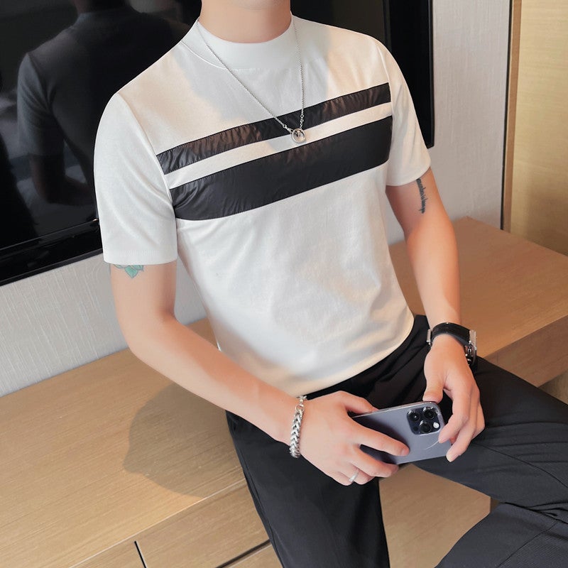 2024 summer new men's short sleeve T-shirt chest patch contrast men's elastic half sleeve bottoming shirt round collar fashion - Image 4