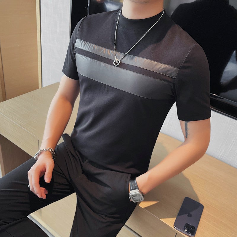 2024 summer new men's short sleeve T-shirt chest patch contrast men's elastic half sleeve bottoming shirt round collar fashion - Image 5