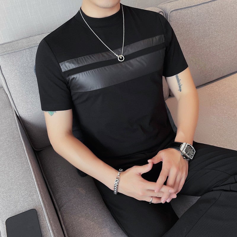 2024 summer new men's short sleeve T-shirt chest patch contrast men's elastic half sleeve bottoming shirt round collar fashion - Image 2