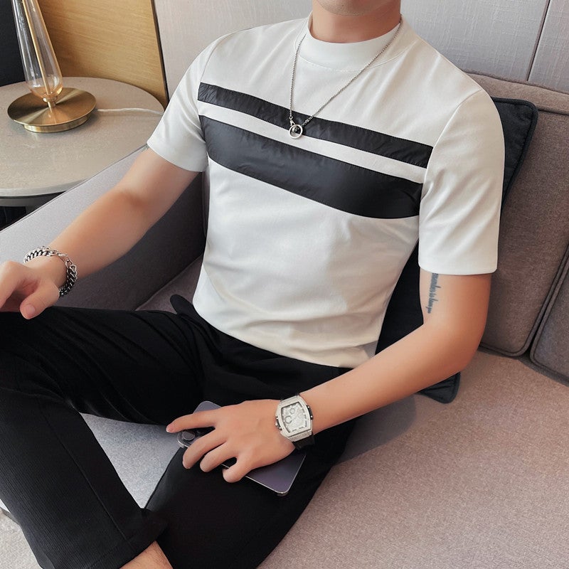 2024 summer new men's short sleeve T-shirt chest patch contrast men's elastic half sleeve bottoming shirt round collar fashion - Image 3