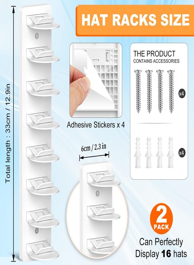 Fododo 2 Pack Hat Organizer for Baseball Caps, Hat Rack for Wall Hold Up 16 Hats, Strong Adhesive & Screw-in Cap Holder hat hangers for Closet Door & Bedroom (White-2Pcak) - Image 2