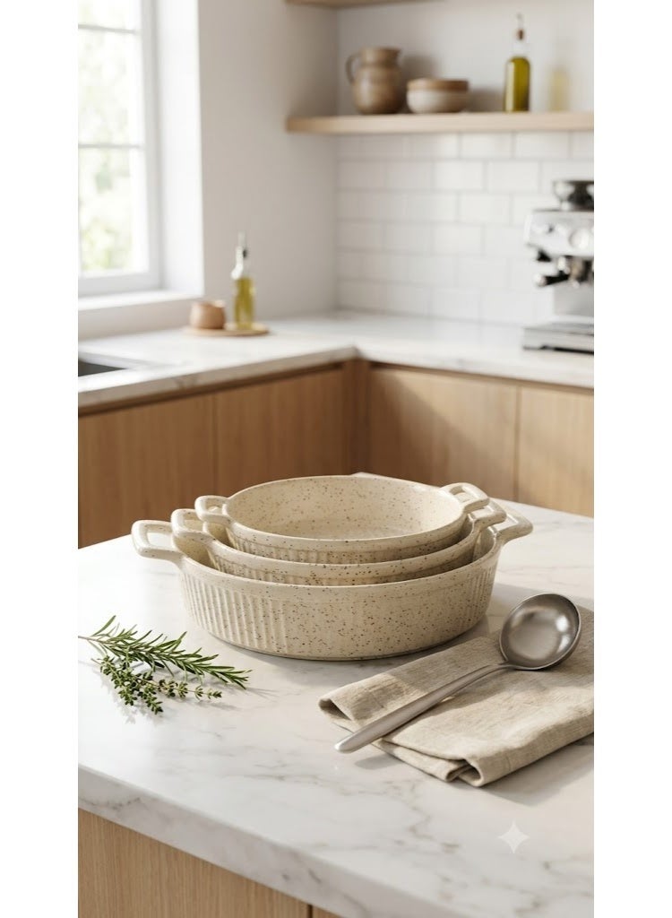 Premium 3-Piece Oval Porcelain Casserole and Baking Dish Set with Handles - Speckled Design - Image 2