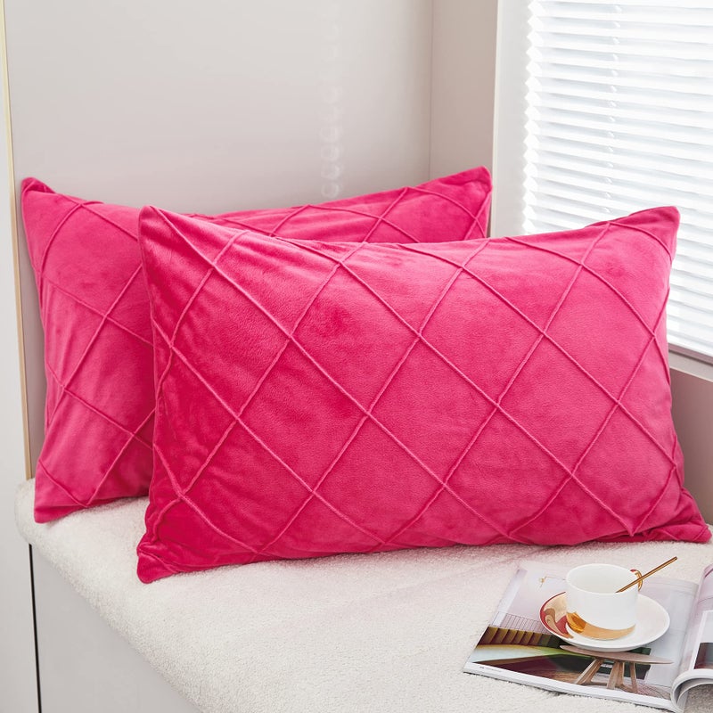 jauxio diamond قرصة مطوية crystal Velvet Plowcases 2 pack pintuck solid pintuck cushion coushion for Home Decor Hidden Shipper Closure (Hot Pink King) - Image 1