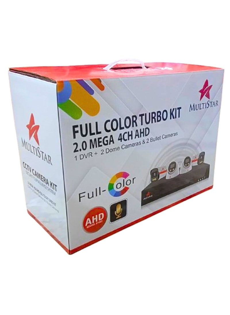 Multistar - Security Surveilence CCTV Camera Kit  System 2.0 Mega 4 Chanel AHD full Color Turbo Kit 1DVR+2Dome Cameras and 2Bullet Cameras - Image 1
