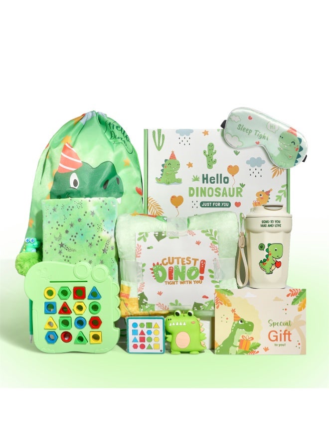 DMG TECH Dinosaur Gifts Basket for Kids - 12Pcs Birthday Gifts Set with Blanket, 15oz Tumbler, Backpack, Toys - Image 1