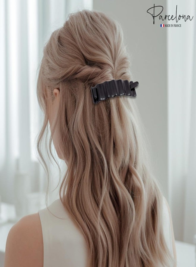 Parcelona French Crinkled Black 3" Hair Clip Metal-Free Celluloid Acetate Barrette for Fine to Medium Hair Non-Slip, Durable Women Hair Accessories - Image 2