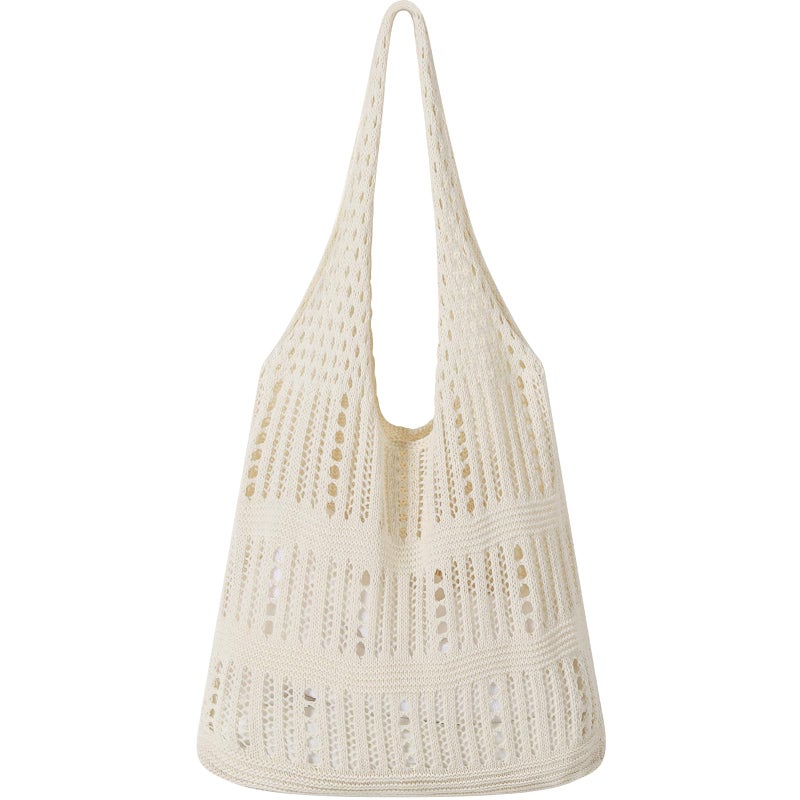 WantGor Crochet Bags, Beach Mesh Tote Bag Womens Shoulder Shopping Handbag Casual Travel Totes Bag Foldable Hobo Bags (Cream White) - Image 1