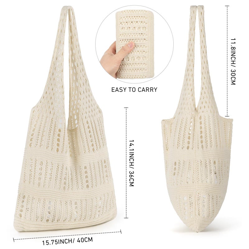WantGor Crochet Bags, Beach Mesh Tote Bag Womens Shoulder Shopping Handbag Casual Travel Totes Bag Foldable Hobo Bags (Cream White) - Image 4