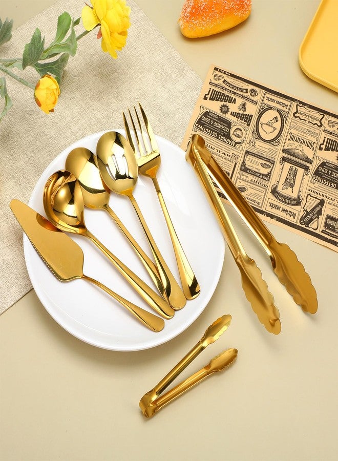 Telooco 12 Pieces Gold Serving Utensils, Stainless Steel Cooking Utensils Set, Include Serving Spoons, Slotted, Spoons, Forks, 2 Sizes Tongs, Soup Ladle and Pie Cake Server for Kitchen Restaurants Buffet - Image 4