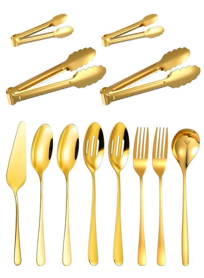 Telooco 12 Pieces Gold Serving Utensils, Stainless Steel Cooking Utensils Set, Include Serving Spoons, Slotted, Spoons, Forks, 2 Sizes Tongs, Soup Ladle and Pie Cake Server for Kitchen Restaurants Buffet - Image 1
