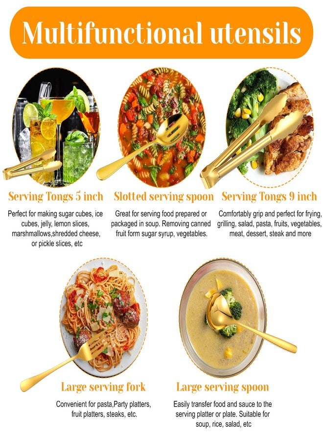 Telooco 12 Pieces Gold Serving Utensils, Stainless Steel Cooking Utensils Set, Include Serving Spoons, Slotted, Spoons, Forks, 2 Sizes Tongs, Soup Ladle and Pie Cake Server for Kitchen Restaurants Buffet - Image 5