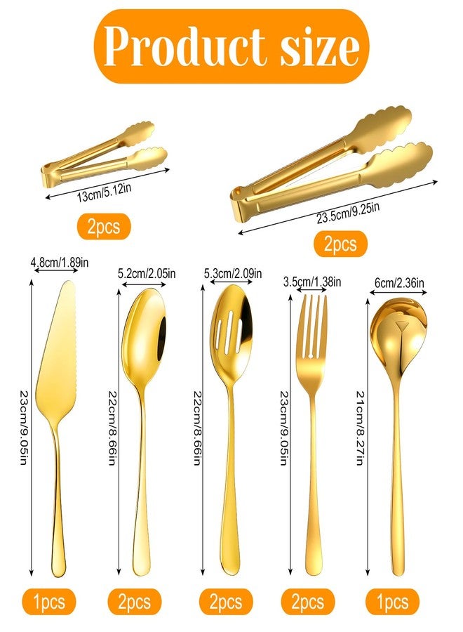 Telooco 12 Pieces Gold Serving Utensils, Stainless Steel Cooking Utensils Set, Include Serving Spoons, Slotted, Spoons, Forks, 2 Sizes Tongs, Soup Ladle and Pie Cake Server for Kitchen Restaurants Buffet - Image 2