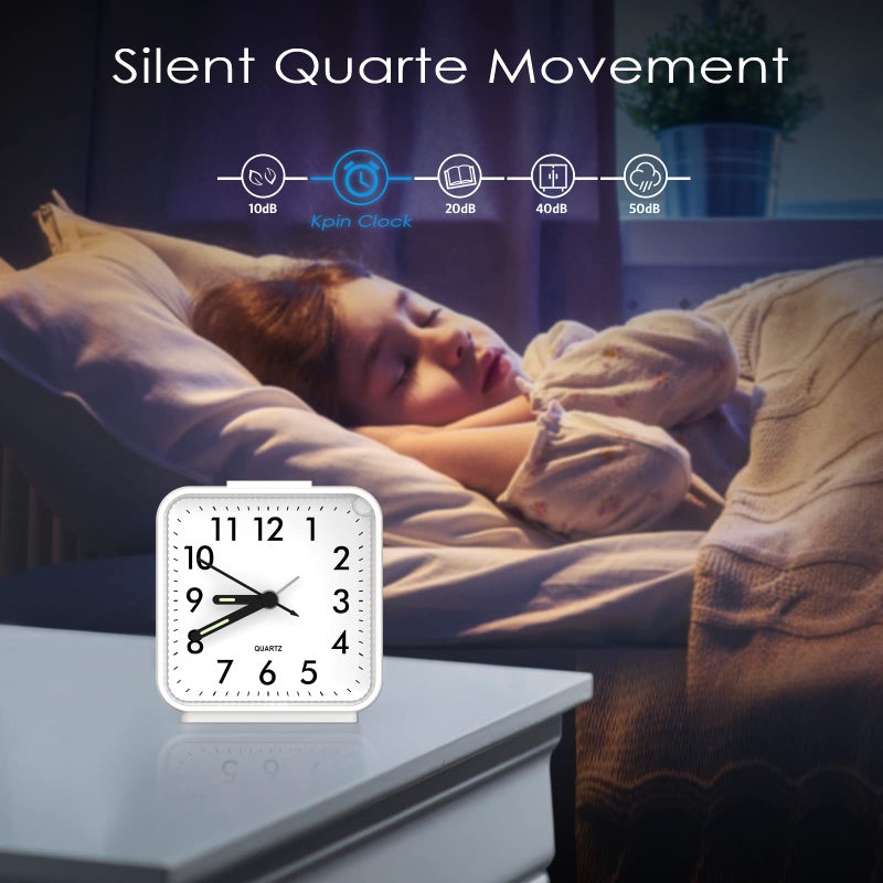 AMIR Analog Silent Non Ticking Small Clock, Travel with Snooze & Light, Ascending Beep Sounds, Battery Operated Loud Alarm Clock for Bedroom (White) - Image 4