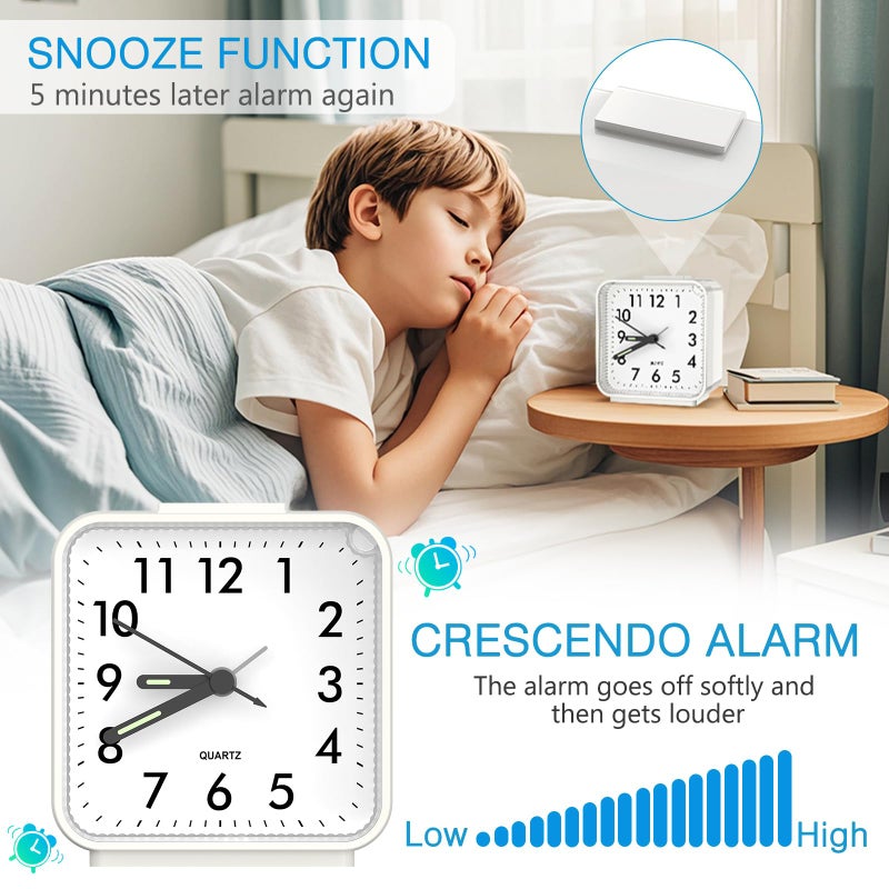 AMIR Analog Silent Non Ticking Small Clock, Travel with Snooze & Light, Ascending Beep Sounds, Battery Operated Loud Alarm Clock for Bedroom (White) - Image 3