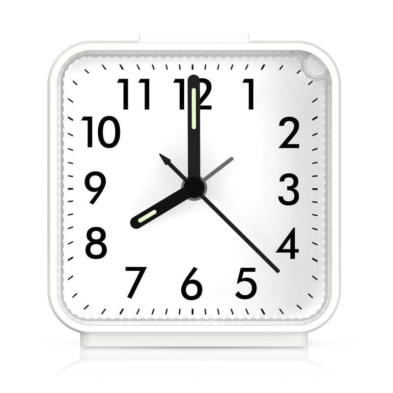 AMIR Analog Silent Non Ticking Small Clock, Travel with Snooze & Light, Ascending Beep Sounds, Battery Operated Loud Alarm Clock for Bedroom (White) - Image 1