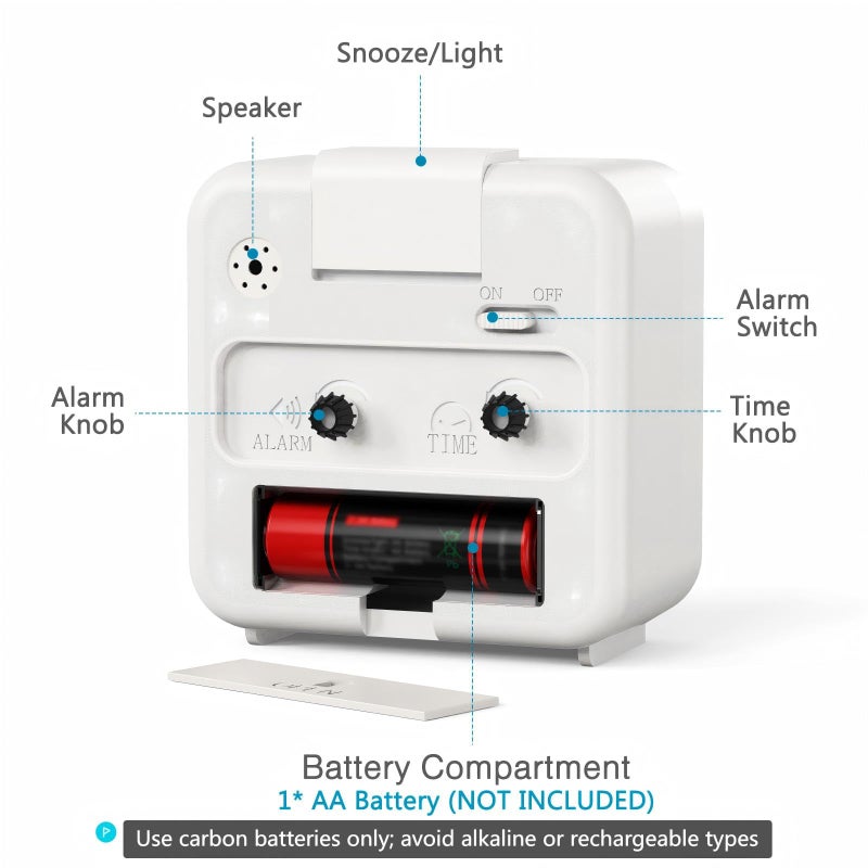 AMIR Analog Silent Non Ticking Small Clock, Travel with Snooze & Light, Ascending Beep Sounds, Battery Operated Loud Alarm Clock for Bedroom (White) - Image 2