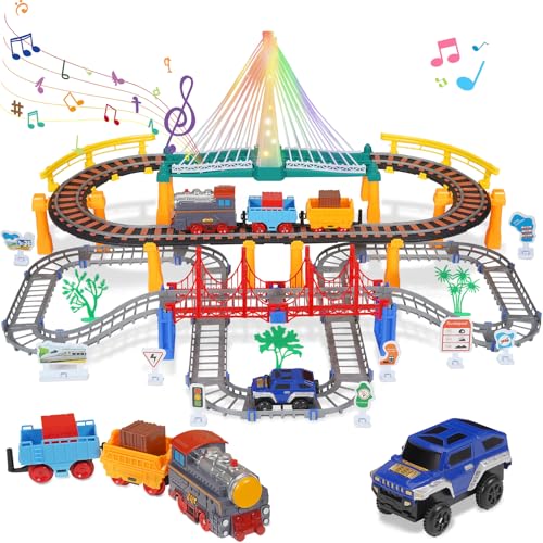 Unimoly Electric Train Set for Kids Ages 58 2 in 1 DIY Tracks Toy DualLayer Tracks with LightUp Bridge Realistic Sounds 100 Piece STEM Building Toy for Boys Birthday Gifts 3 4 5 6 7 8 - Image 1