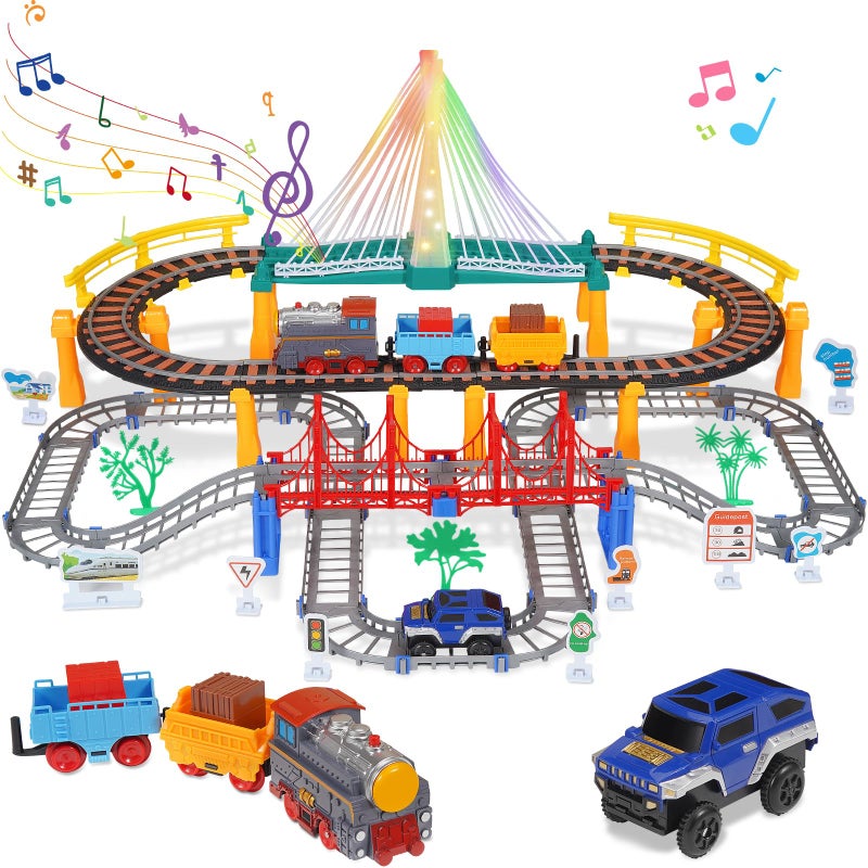 Unimoly Electric Train Set for Kids Ages 58 2 in 1 DIY Tracks Toy DualLayer Tracks with LightUp Bridge Realistic Sounds 100 Piece STEM Building Toy for Boys Birthday Gifts 3 4 5 6 7 8 - Image 3