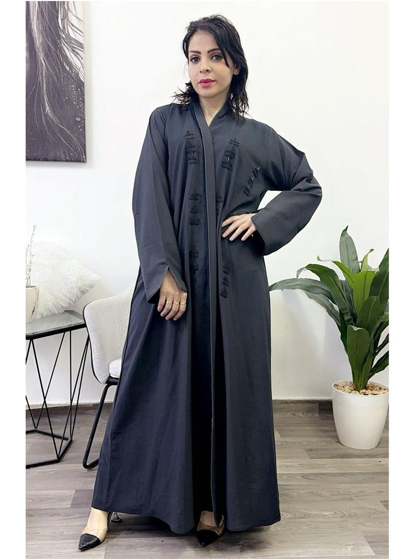 FASHION LINE Abaya Hand Embroidered Design with Full Front Work High-Neck Grey  - Image 1