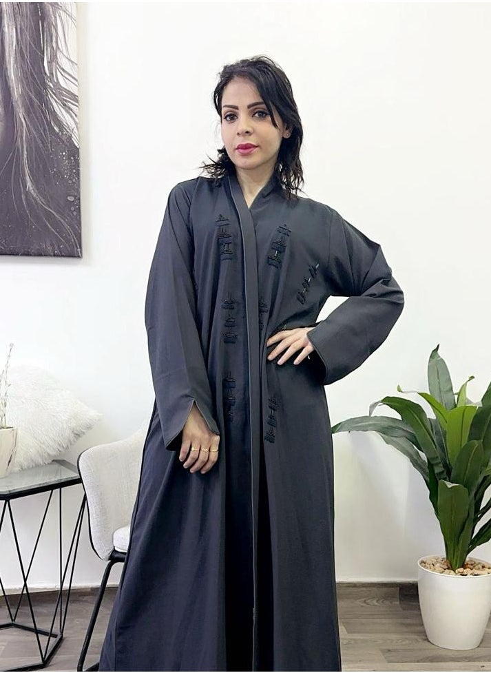 FASHION LINE Abaya Hand Embroidered Design with Full Front Work High-Neck Grey  - Image 3