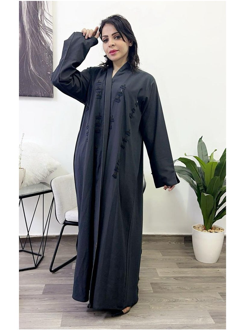 FASHION LINE Abaya Hand Embroidered Design with Full Front Work High-Neck Grey  - Image 2