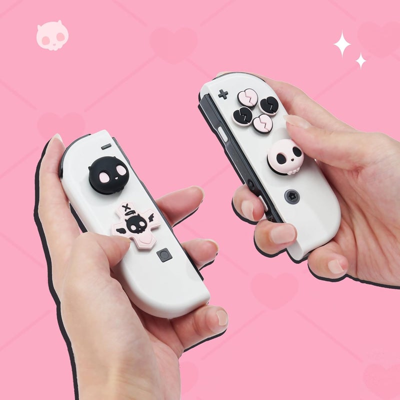 GeekShare مجموعة أغطية أزرار D-Pad المتقاطعة من السيليكون من ، غطاء عصا التحكم، ملصقات أزرار ABXY اللطيفة، متوافقة مع Switch/OLED - جمجمة حبيبة (وردي وأسود) - Image 2