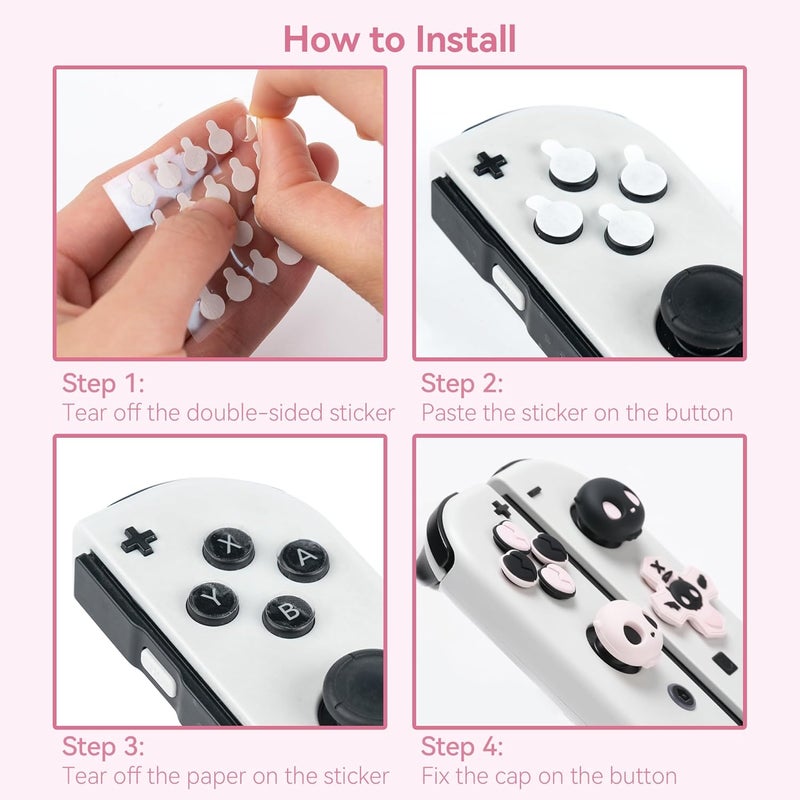 GeekShare مجموعة أغطية أزرار D-Pad المتقاطعة من السيليكون من ، غطاء عصا التحكم، ملصقات أزرار ABXY اللطيفة، متوافقة مع Switch/OLED - جمجمة حبيبة (وردي وأسود) - Image 4