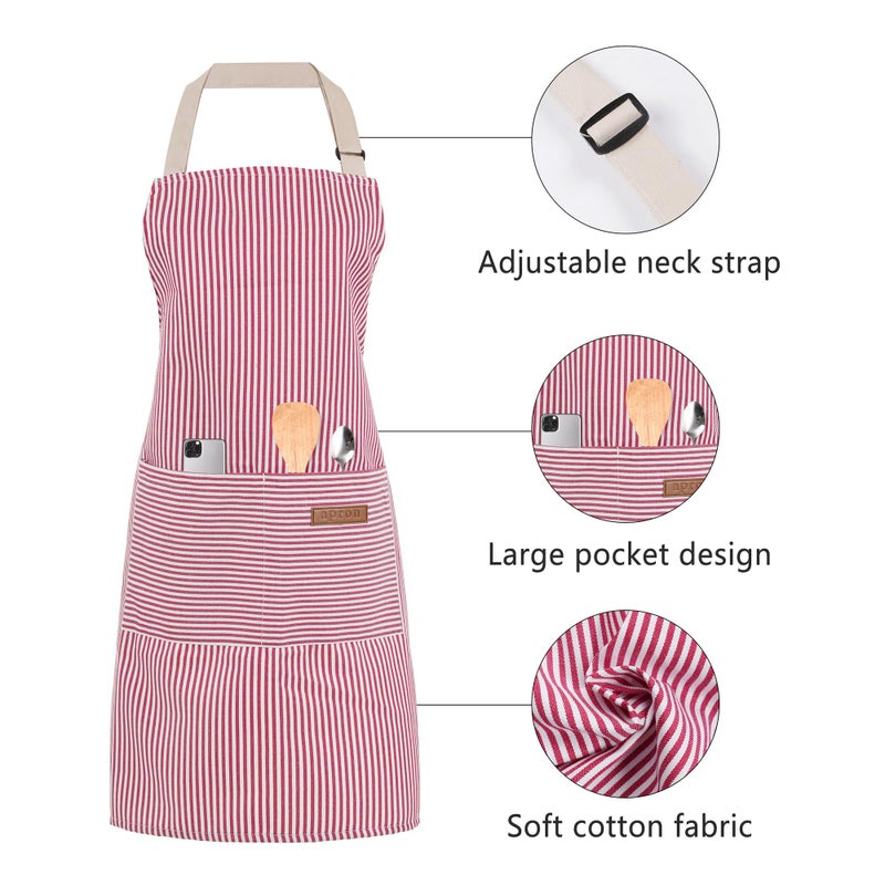 ARBINSON 2 Pack Cooking Aprons Adjustable Bib Apron for Women with 2 Pockets, Kitchen Restaurant Men Chefs Aprons (Pink/Blue Stripes) - Image 3