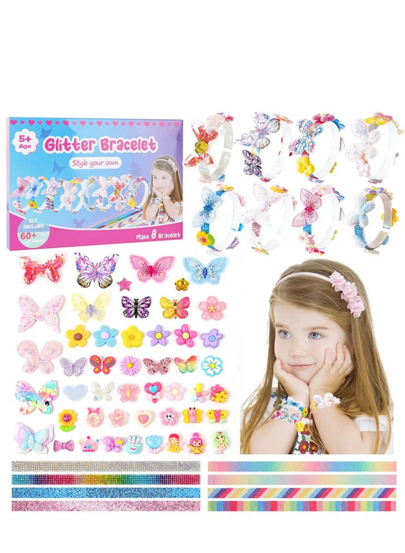 Glitter Bracelet Making Kit for Girls,68PCs Butterflies and Flowers Bracelets Kit,Craft Kits Party Favors Supplies for Girls,Make Your Own Bracelet for Kids,DIY Bracelet Accessories Set for Kids  - Image 1