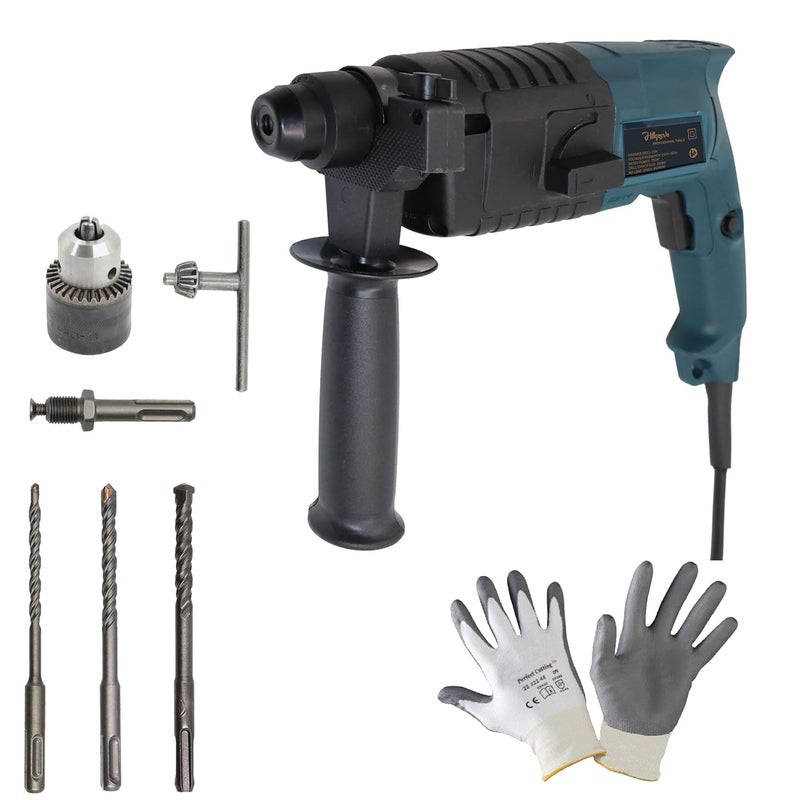 Hillgrove Hillgrove HGCM1002M5 20mm 750W Hammer Impact Drill Machine ForwardReverse Rotation with Safety Gloves and 3 Bits and Drill Chunk13mmSDS Adapter for Making Holes in MetalWoodConcrete  - Image 1