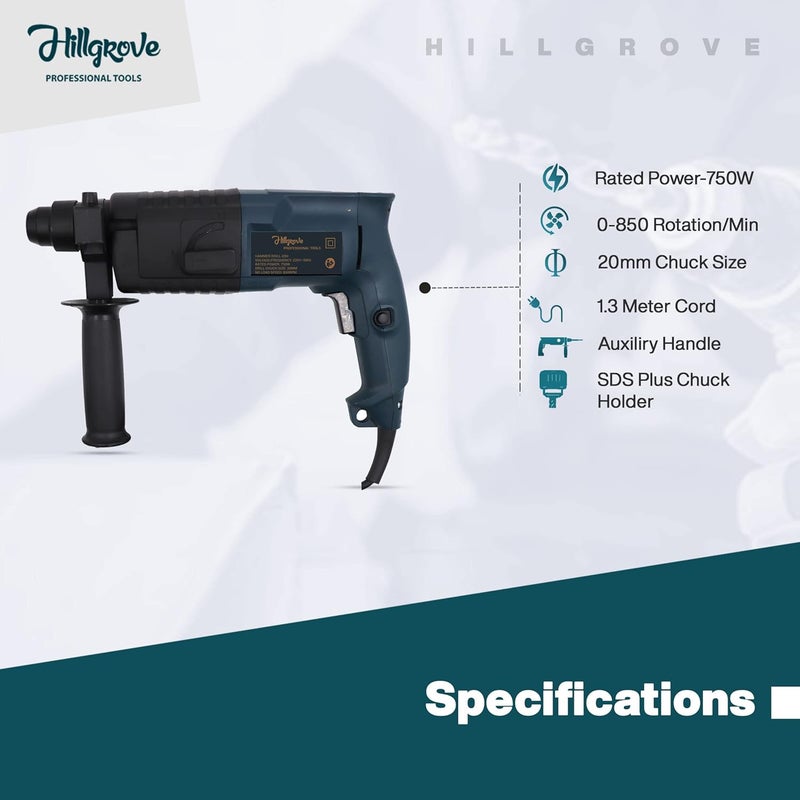 Hillgrove Hillgrove HGCM1002M5 20mm 750W Hammer Impact Drill Machine ForwardReverse Rotation with Safety Gloves and 3 Bits and Drill Chunk13mmSDS Adapter for Making Holes in MetalWoodConcrete  - Image 2