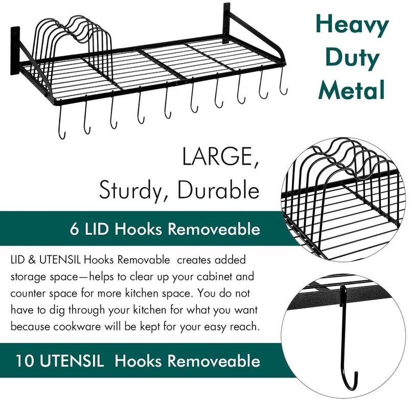 INDIAN DECOR INDIAN DECOR Metal Pot Rack with Wall Mounted Pot Lid Rack Holder Organizer Shelf with 10 Hooks 28735 2 Packs  - Image 2