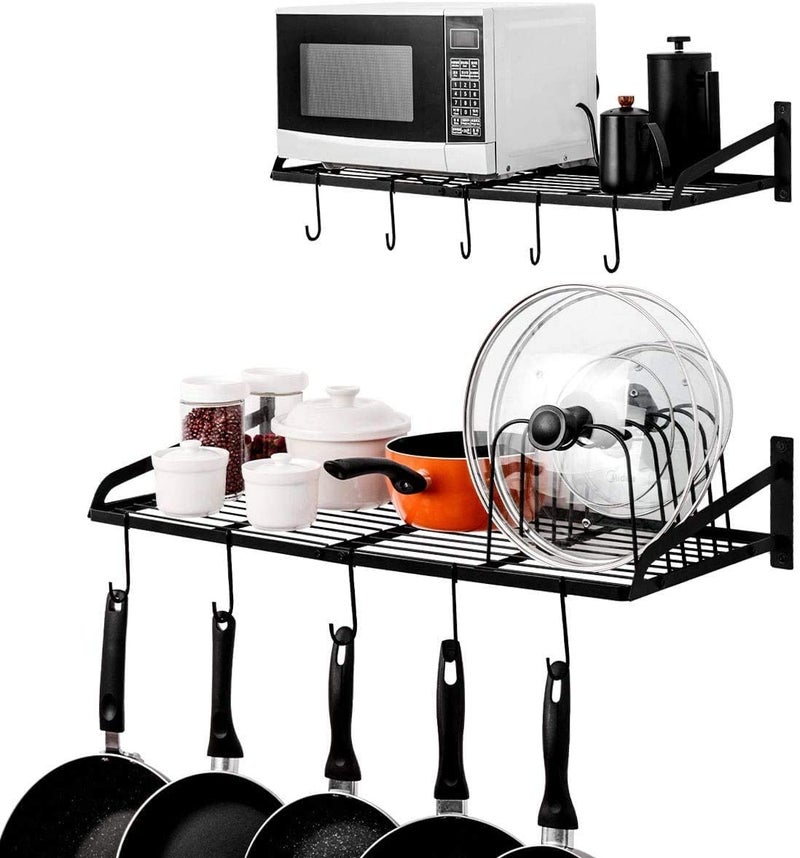 INDIAN DECOR INDIAN DECOR Metal Pot Rack with Wall Mounted Pot Lid Rack Holder Organizer Shelf with 10 Hooks 28735 2 Packs  - Image 1