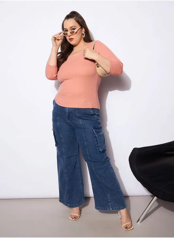 ساسافراس Plus Size Rib Round Neck Lace Detail Top