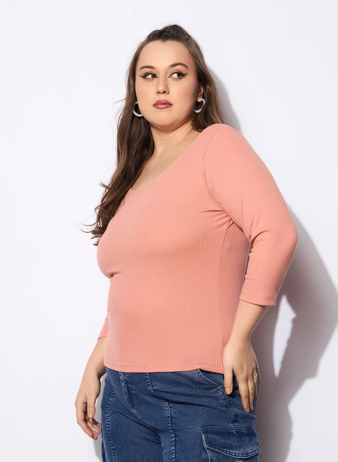 SASSAFRAS Plus Size Rib Round Neck Lace Detail Top