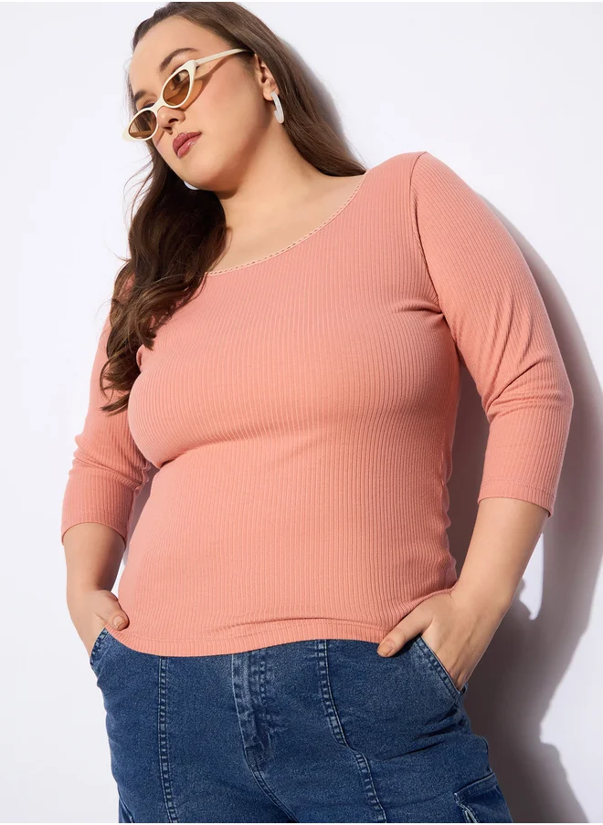 ساسافراس Plus Size Rib Round Neck Lace Detail Top