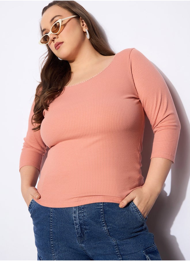 SASSAFRAS Plus Size Rib Round Neck Lace Detail Top  - Image 1